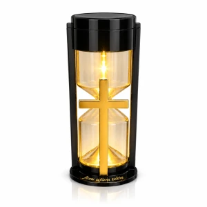 Znicz Solarny LED Klepsydra Złoty Duży Krzyż Spoczywaj w Pokoju na Grób