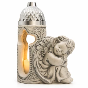 DUŻY ZNICZ Z ANIOŁKIEM 29 CM LAMPION FIGURKA NA GRÓB CMENTARZ KOMPOZYT