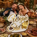 Napis WIEJSKI STÓŁ Biało-złoty lustrzany 35x25 dekoracja stołu wesele ślub