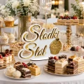 Napis SŁODKI STÓŁ biało-złoty lustrzany 34x24 dekoracja stołu wesele ślub