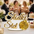 Napis SŁODKI STÓŁ biało-złoty lustrzany 34x24 dekoracja stołu wesele ślub