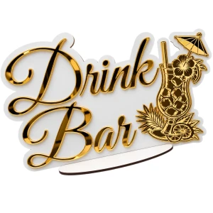 Napis DRINK BAR biało-złoty lustrzany 34x22 cm wesele ślub dekoracja STOŁU Z ALKOCHOLEM