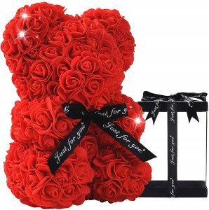 MIŚ Z RÓŻ 25 CM ROSE BEAR Z PŁATKÓW RÓŻ KOKARDA PUDEŁKO NA PREZENT CZERWONY
