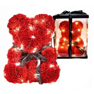 MIŚ Z RÓŻ PREZENT WALENTYNKI URODZINY DLA KOBIET 40 CM + LAMPKI LED