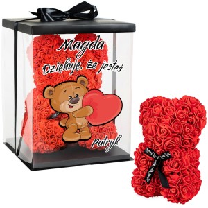 CZERWONY MIŚ Z RÓŻ OZDOBNE PERSONALIZOWANE PUDEŁKO DEDYKACJA PREZENT 25 CM