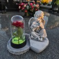 ZNICZ GIPSOWA FIGURKA NAGROBNA SZARY Anioł Księga Lampka LED RÓŻA GIPS