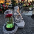 ZNICZ GIPSOWA FIGURKA NAGROBNA SZARY Anioł Księga Lampka LED RÓŻA GIPS
