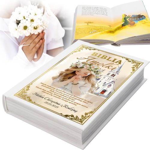 Pamiątka Komunia Chrzest BIBLIA PISMO ŚW nadruk z imieniem OD CHRZESTNEJ