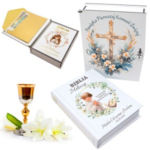 BIBLIA W PUDEŁKU Pamiątka Pierwszej Komunii Świętej PREZENT NA KOMUNIĘ