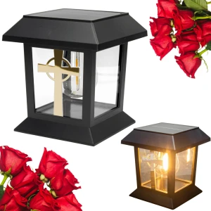 ZNICZ SOLARNY LED LAMPION NA GRÓB STATUETKA NA CMENTARZ Z KRZYŻEM