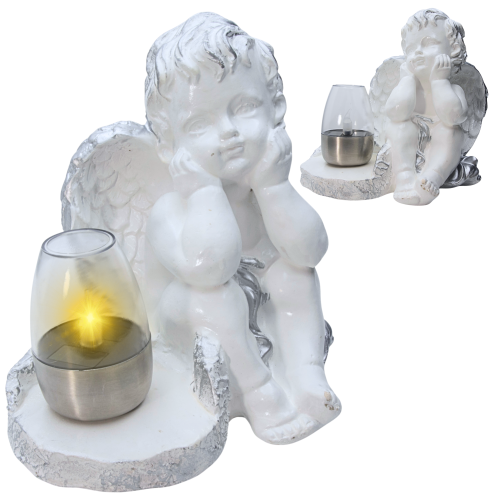 ZNICZ GIPSOWA FIGURKA NAGROBNA Srebrny Anioł Aniołek Gipsowy LAMPA LED