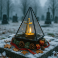 Znicz led ZŁOTY KRZYŻ efekt płomienia LAMPION NA GRÓB cmentarz statuetka