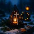 Znicz led ZŁOTY KRZYŻ efekt płomienia LAMPION NA GRÓB cmentarz statuetka