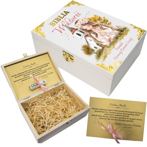 Personalizowane pudełko na Chrzest Komunię drewniane białe UV imię dedykacja