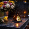 ZNICZ LED efekt płomienia LAMPION na GRÓB cmentarz SZKLANY  ZŁOTY JEZUS